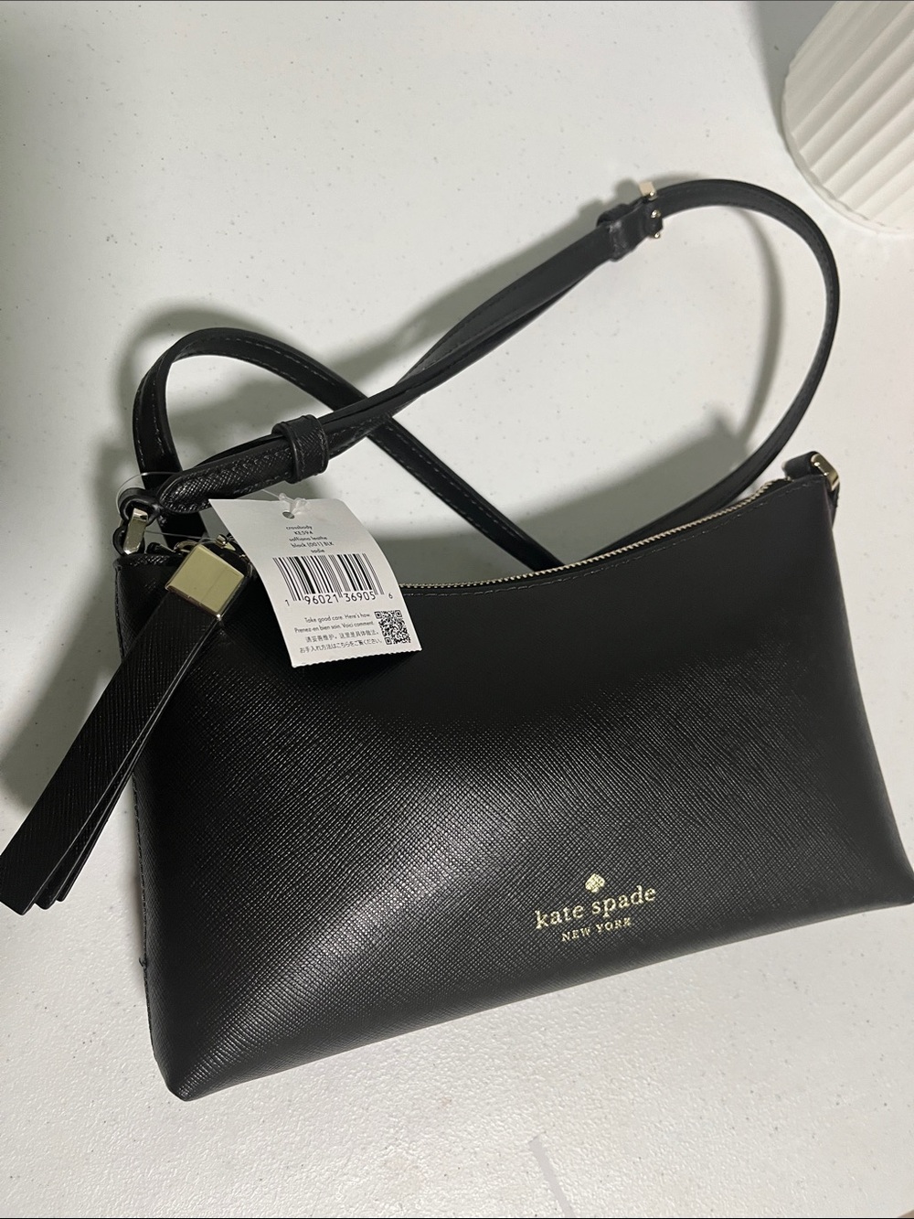 kate spade Black Saffiano Leather Crossbody with Gold Logo Sadie